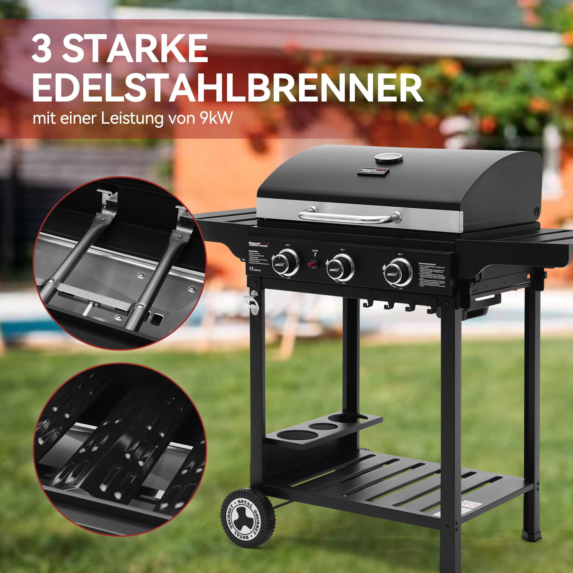 Royal Gourmet Gasgrill Grillwagen 3 Brenner 9 kW schwarz