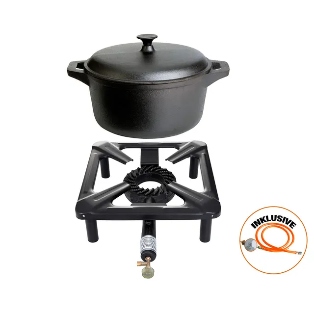 AllGrill Hockerkocher-Set klein Gusseisentopf Ø20cm 2,7L Regler
