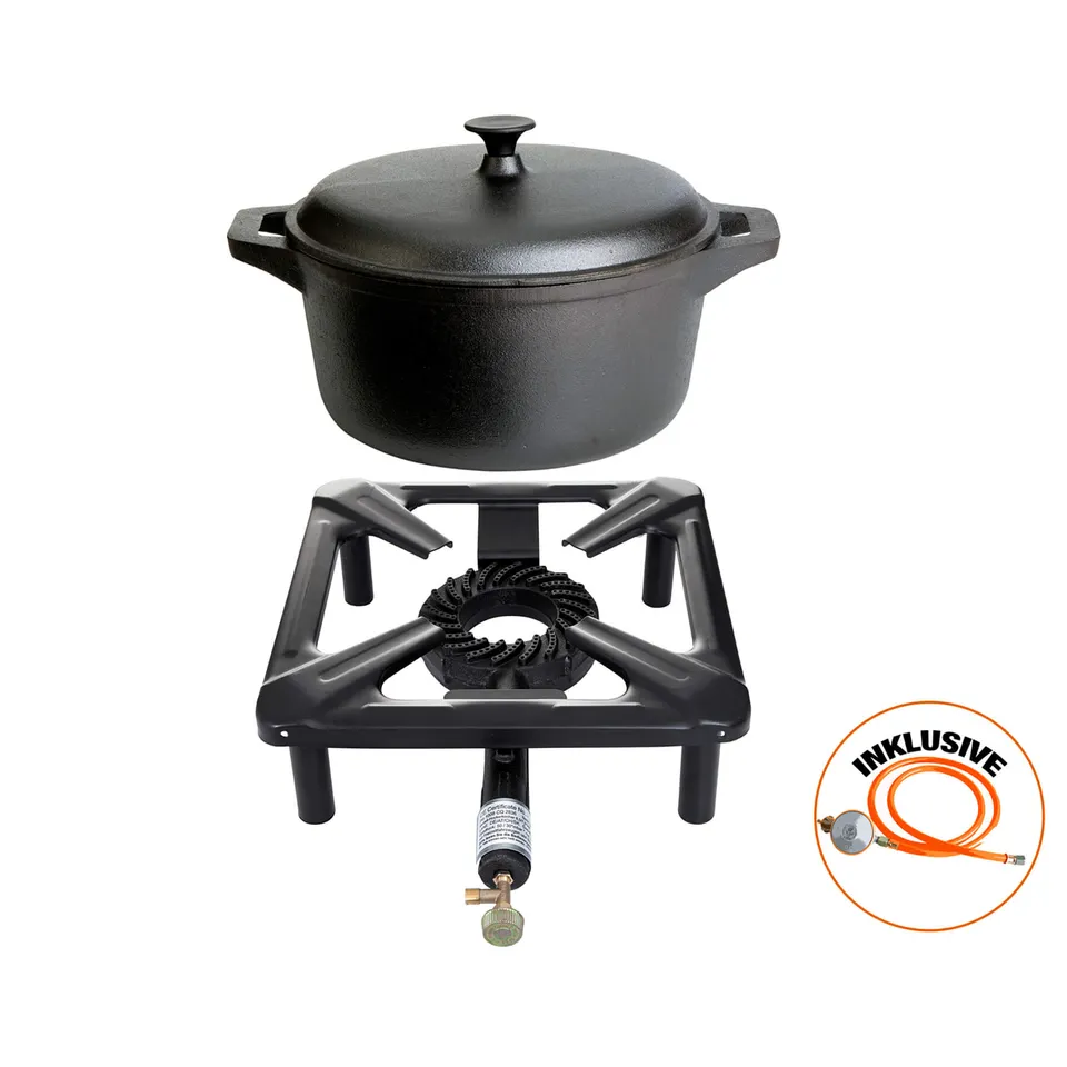 AllGrill Hockerkocher-Set klein Gusseisentopf Ø20cm 2,7L Regler
