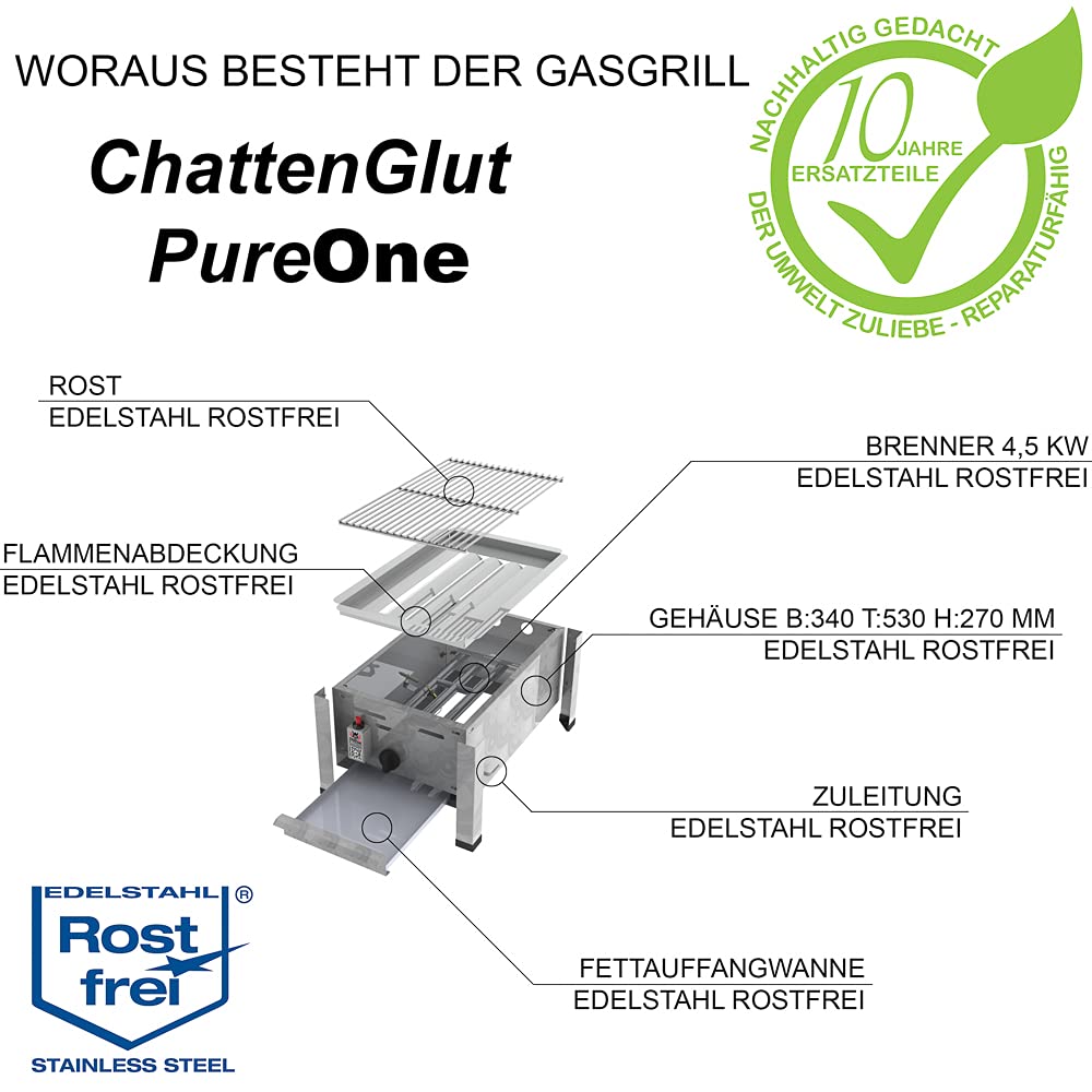 ChattenGlut PureOne Tisch-Gasgrill Edelstahl 4,5kW Rost