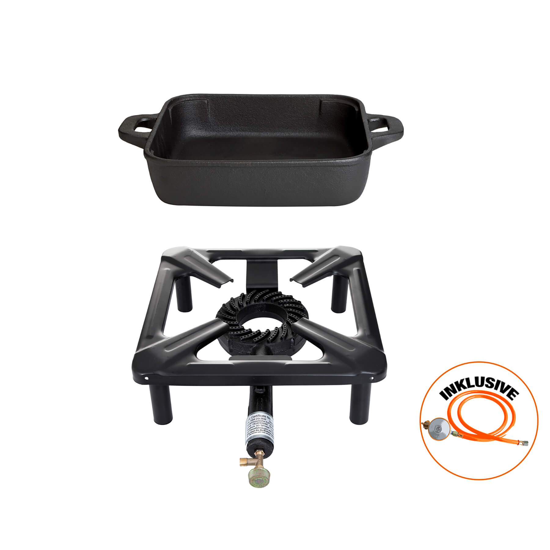 AllGrill Hockerkocher Set klein 4kW Gusseisenpfanne 25x25cm