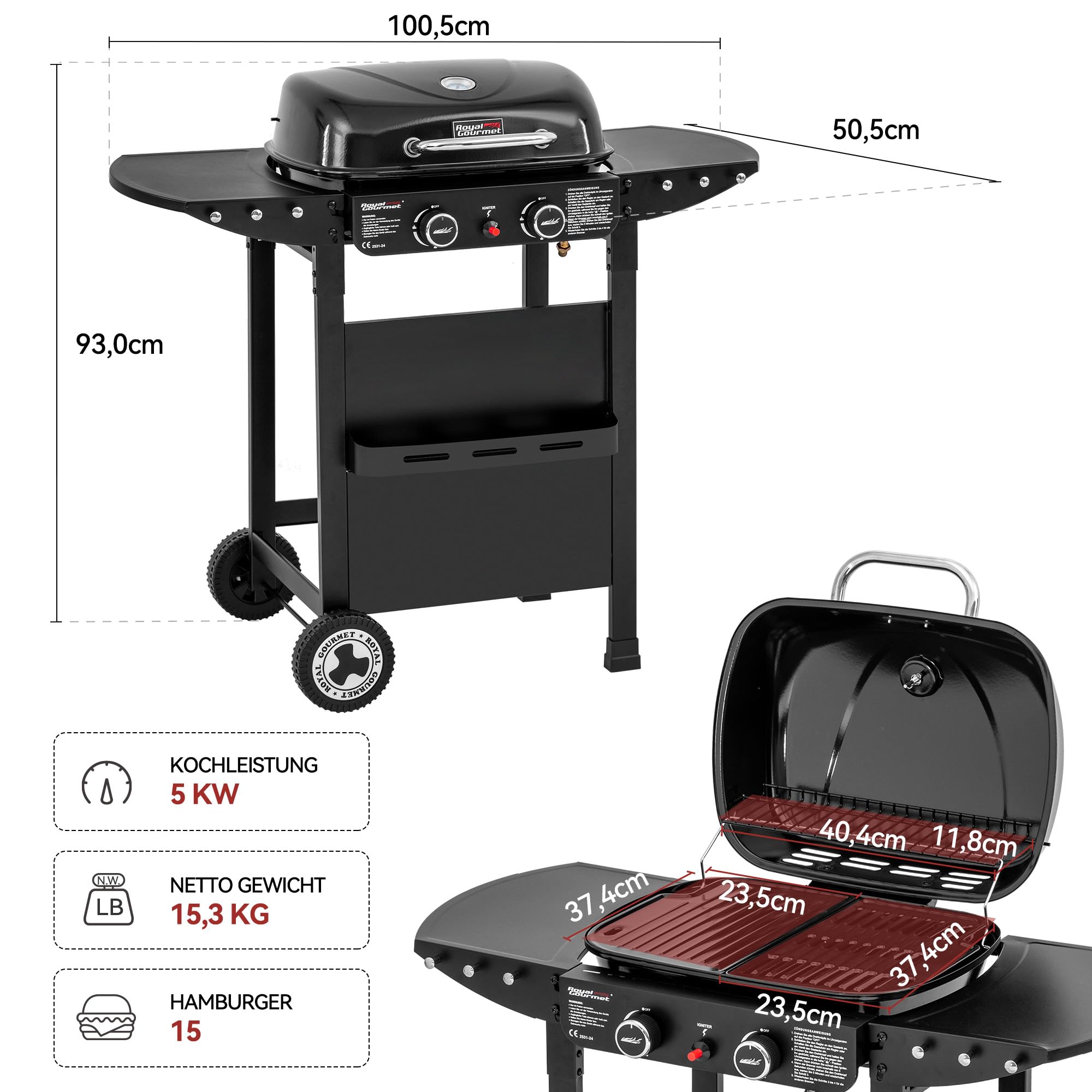 Royal Gourmet 2-Brenner Gasgrill Griddle Combo Schwarz 5 kW