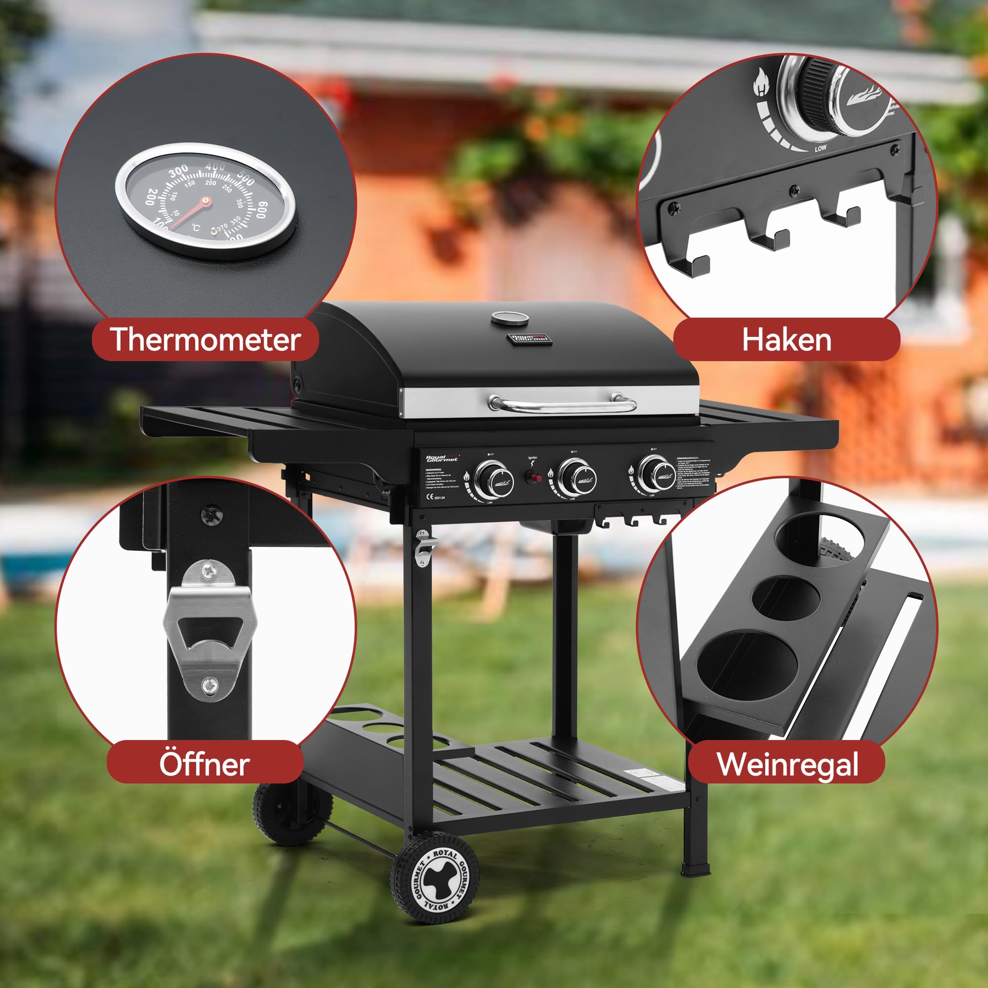 Royal Gourmet Gasgrill Grillwagen 3 Brenner 9 kW schwarz