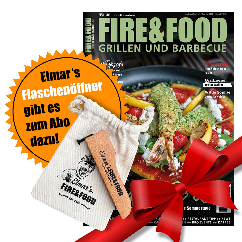 FIRE&FOOD Abo Geschenk-Abo Magazin N°4/26 mit Flaschenöffner