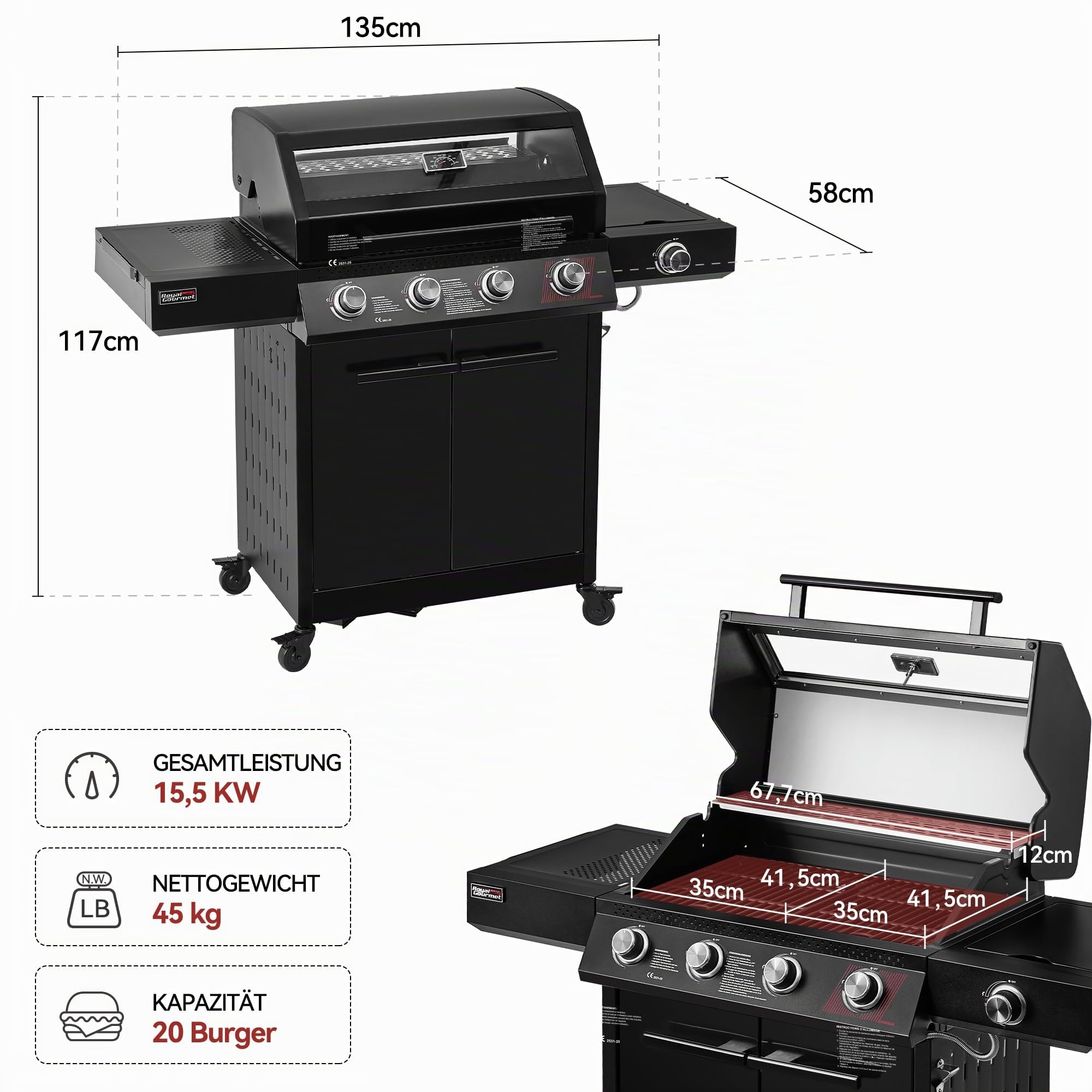 Royal Gourmet Gasgrills Grillwagen 4+1 Brenner 15,5 kW