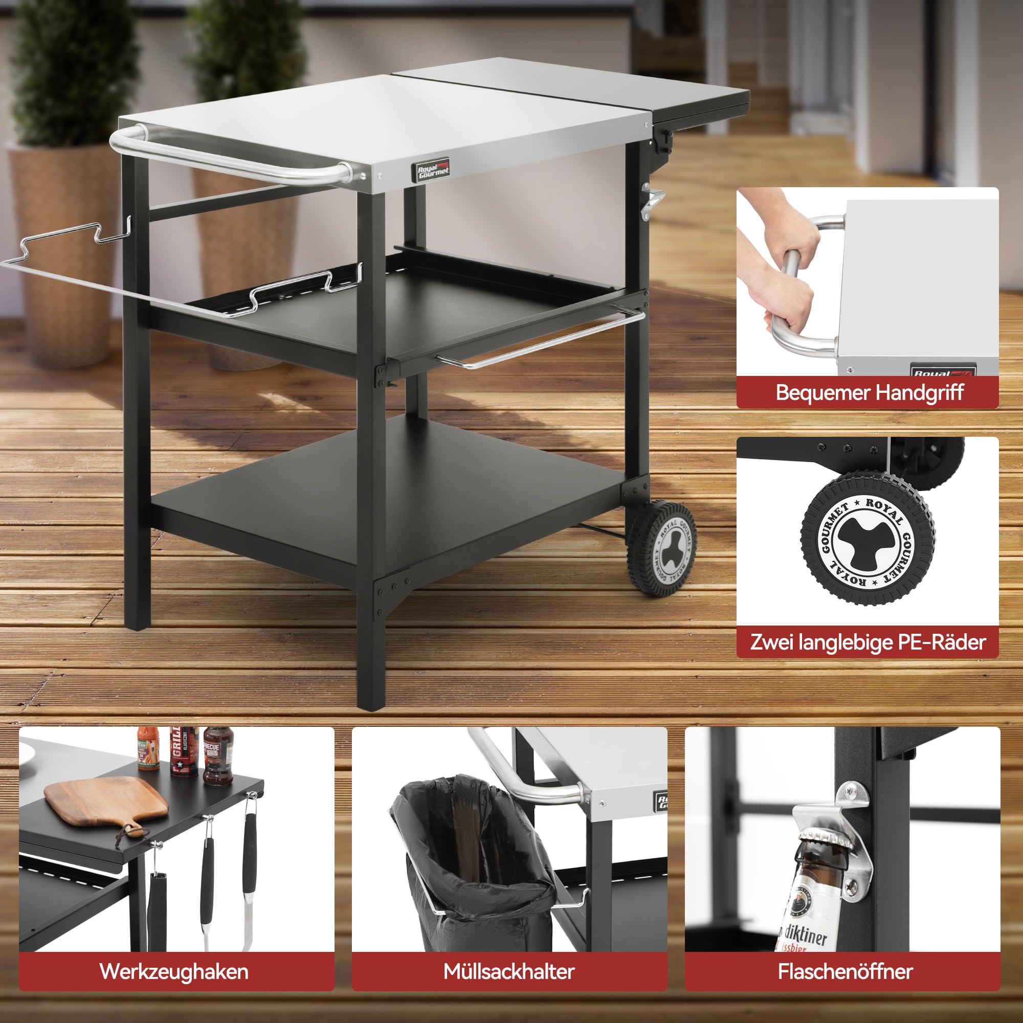 Royal Gourmet Grilltisch Servierwagen Edelstahl 100x50 cm 3-etagig