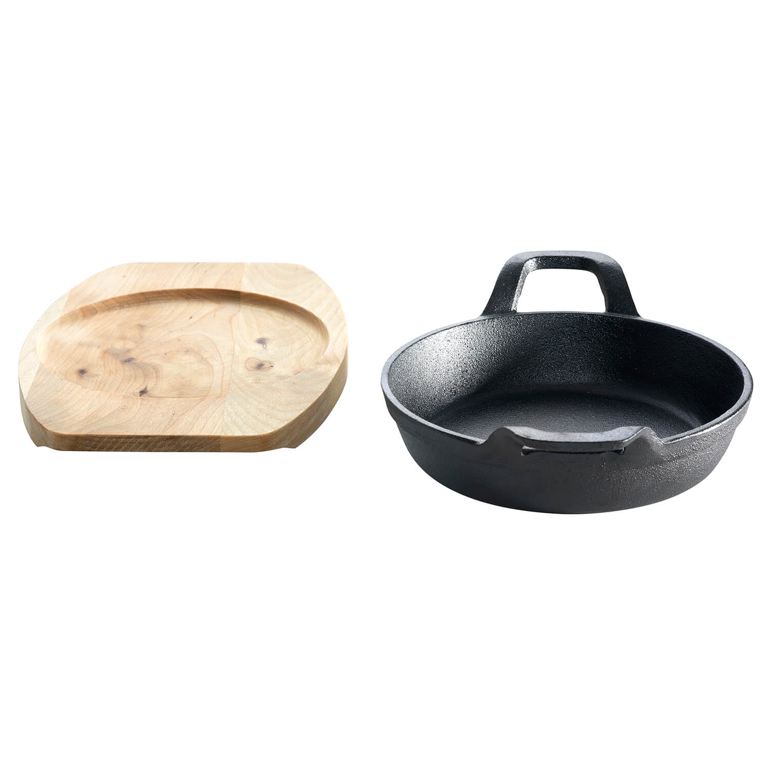 AllGrill Gusseisen Pfännchen 18 cm mit Holzuntersetzer