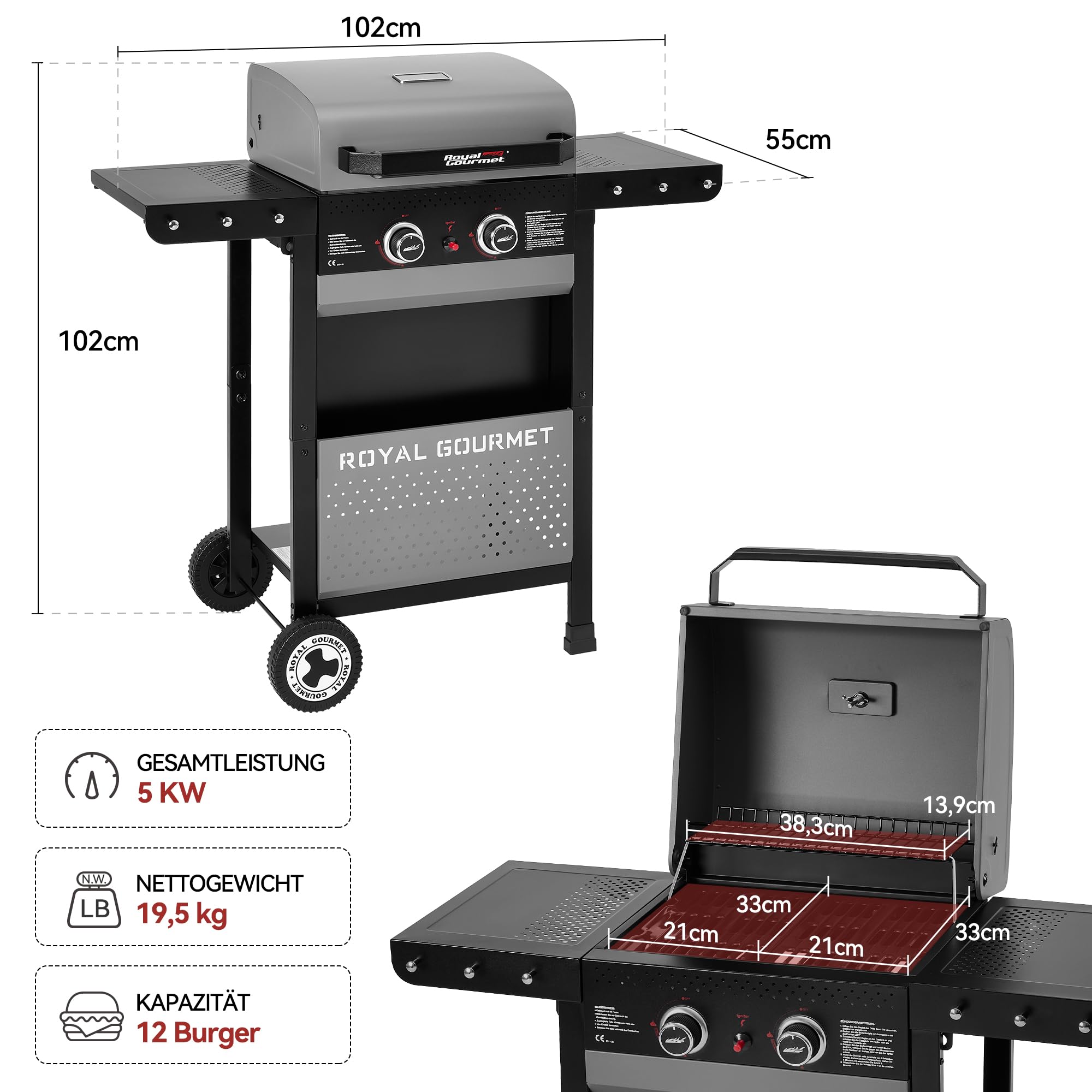 Royal Gourmet Gasgrills Grillwagen 2-Brenner 5 kW Grau