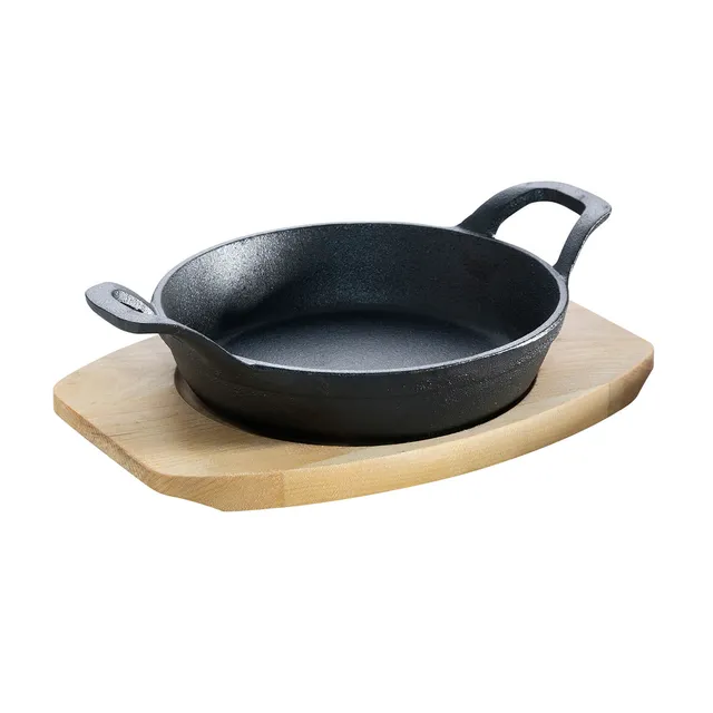 AllGrill Gusseisen Pfännchen 18 cm mit Holzuntersetzer