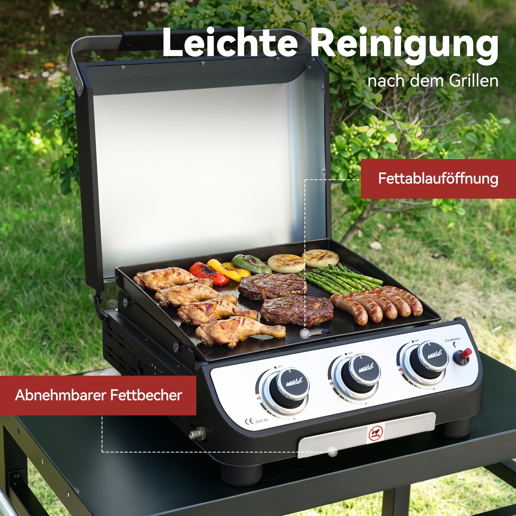 Royal Gourmet Gasgrills Plancha Tischgrill 3 Brenner Edelstahl