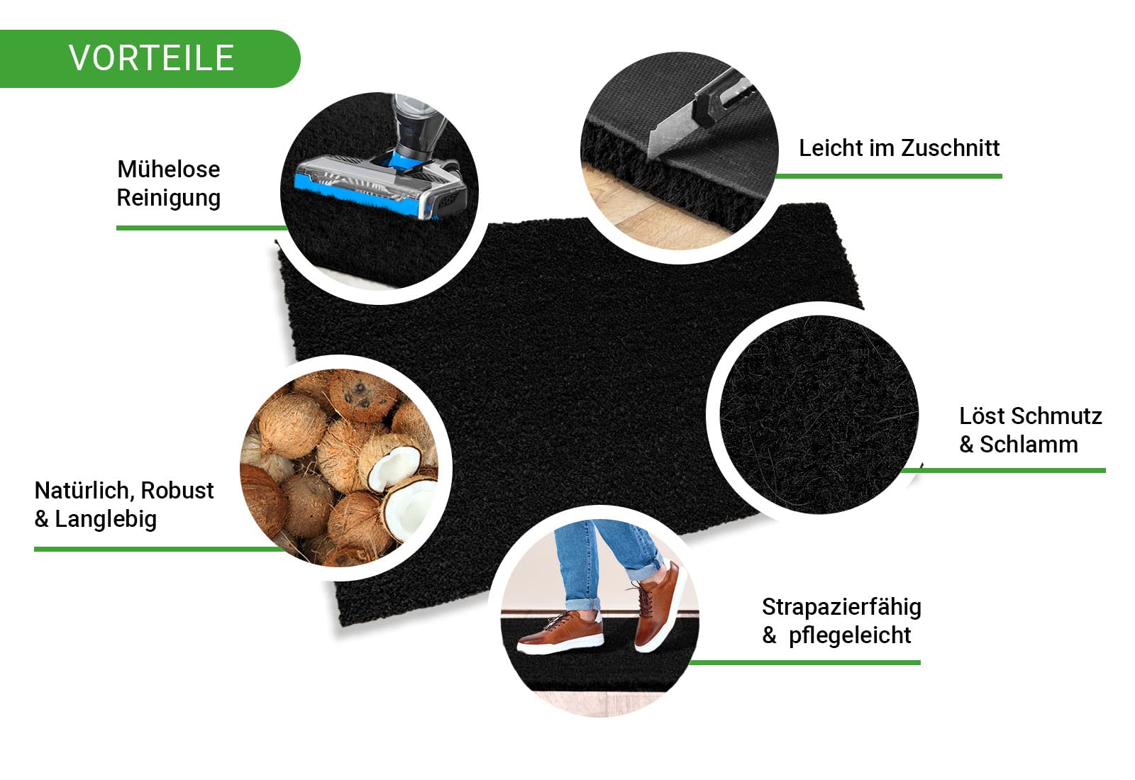 HPFloor Coconut Mats Kokosmatte 60x40 cm Schwarz Fußmatte