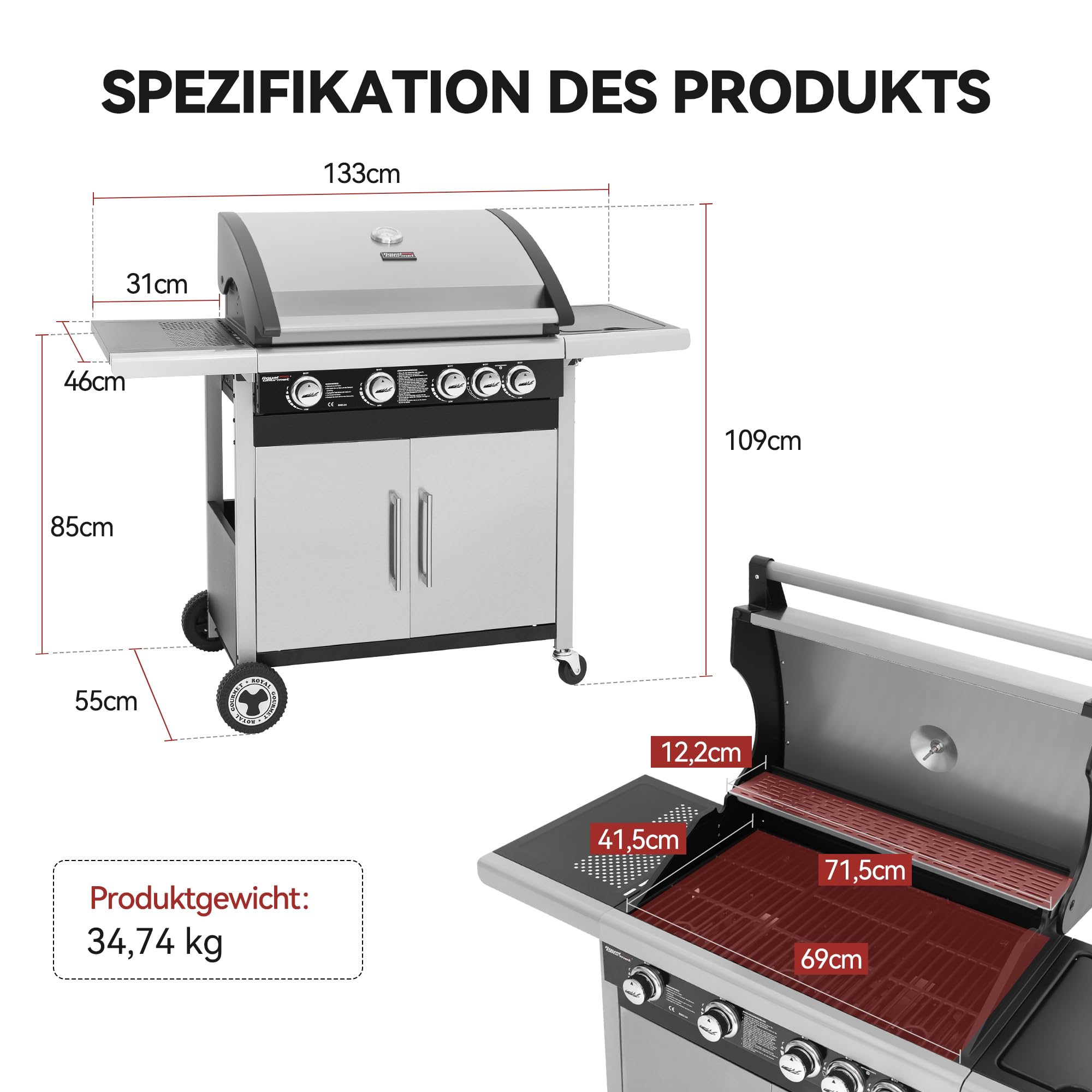 Royal Gourmet Gasgrill 4+1 Brenner Silber 14,5 kW