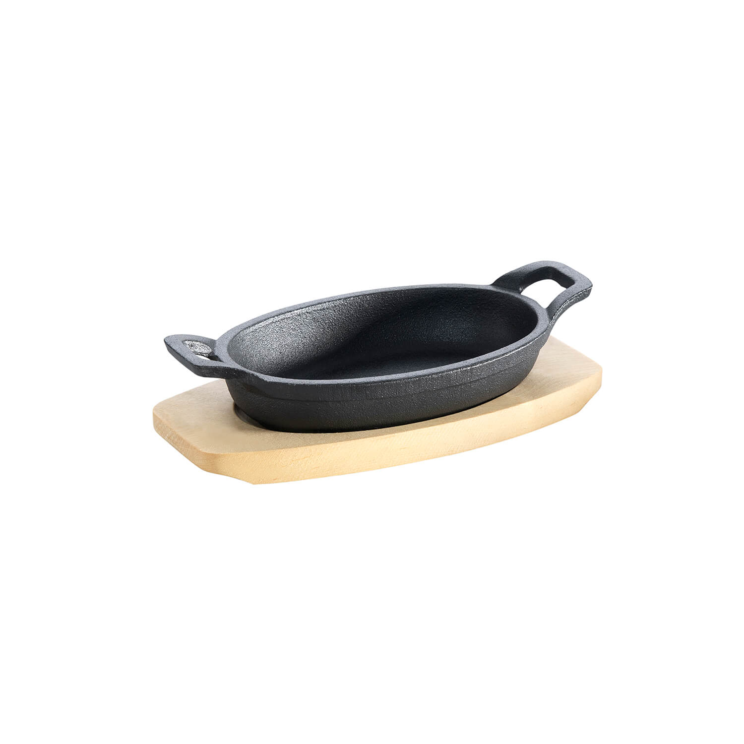 AllGrill Gusseisen Pfännchen oval 21x15,5 cm mit Holzuntersetzer