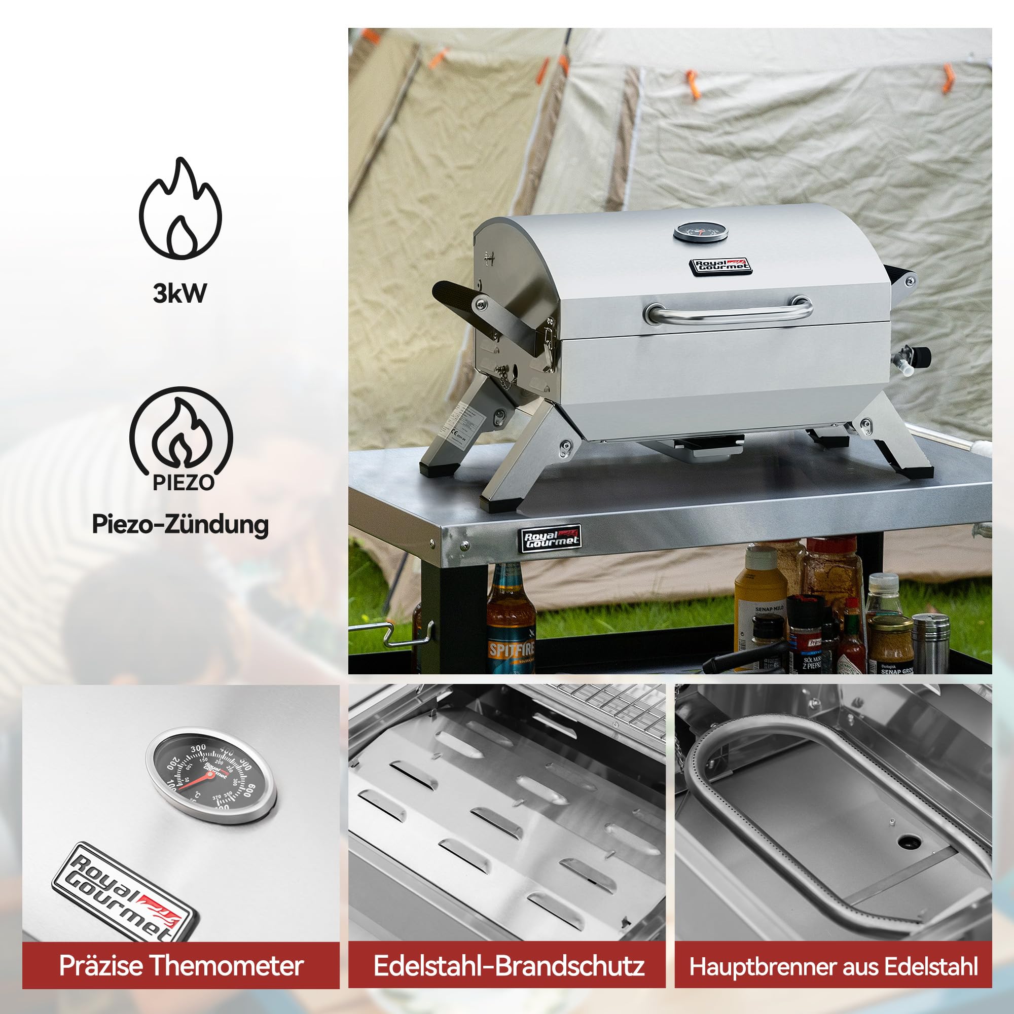 Royal Gourmet Gasgrills Tischgrill Edelstahl Silber 3 kW