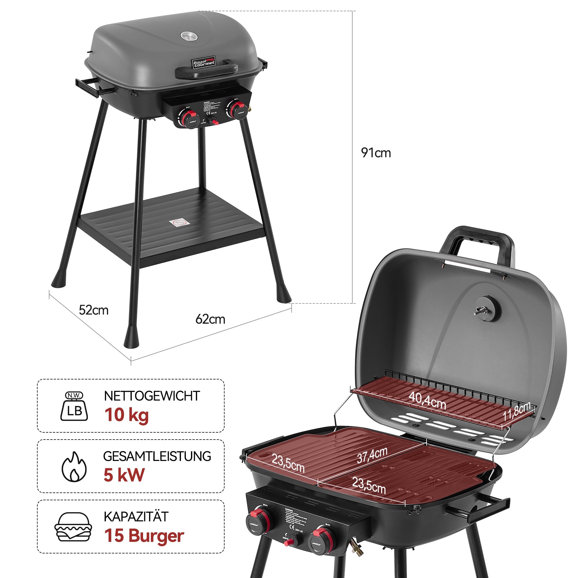 Royal Gourmet 2-Brenner Gasgrill Grau 5 kW Balkongrill mit Ablage