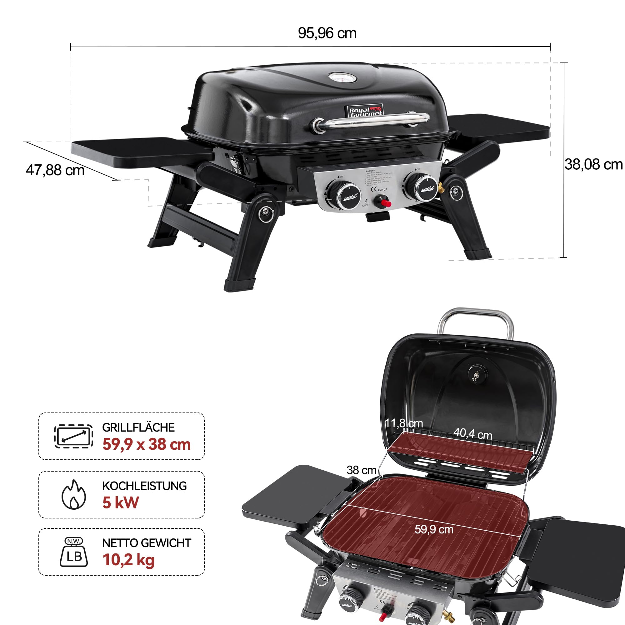 Royal Gourmet Gasgrills Tischgasgrill 2 Brenner 5 kW
