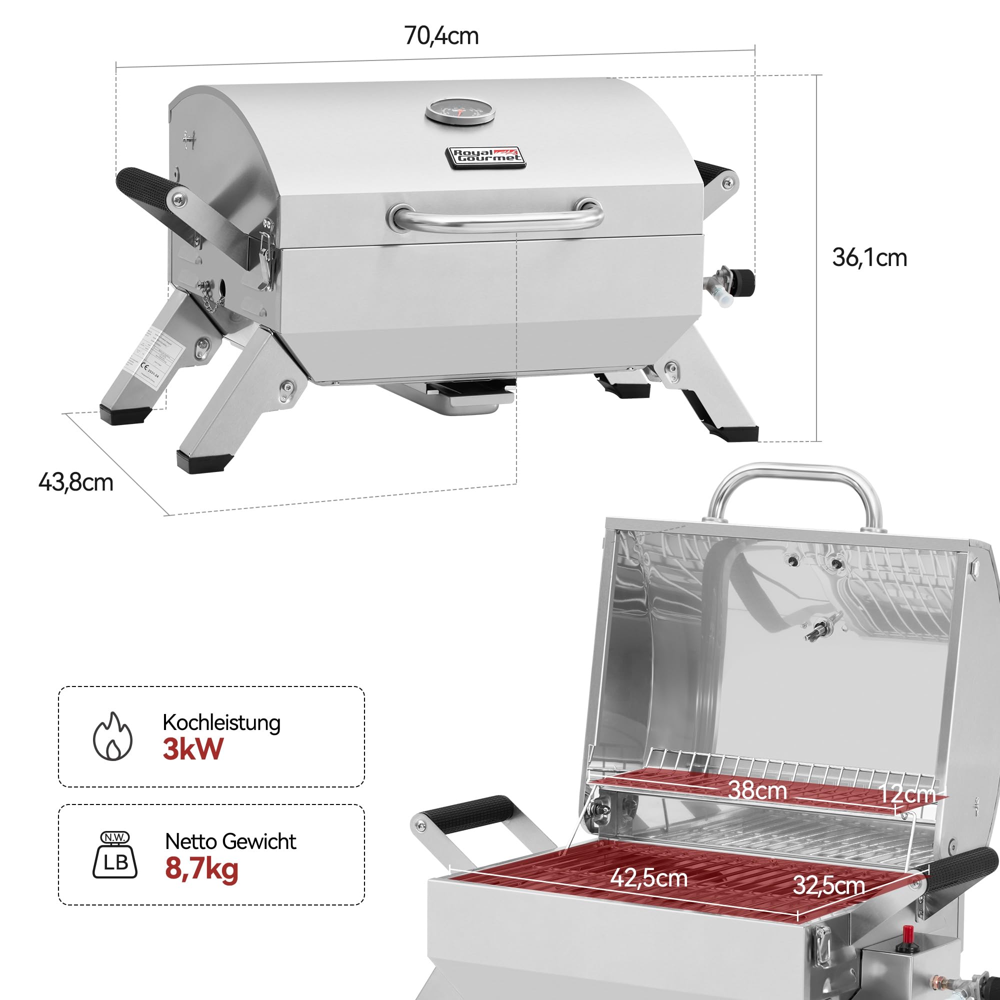 Royal Gourmet Gasgrills Tischgrill Edelstahl Silber 3 kW