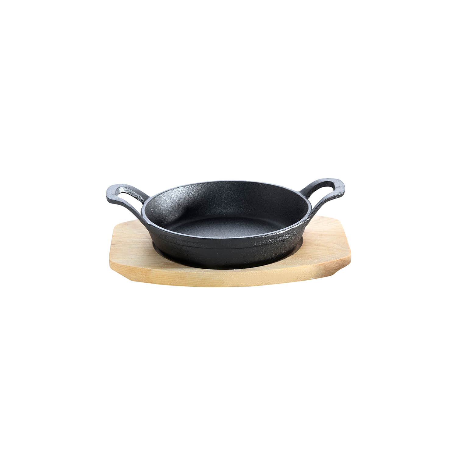 AllGrill Gusseisen Pfännchen 12cm 2 Griffe Holzuntersetzer