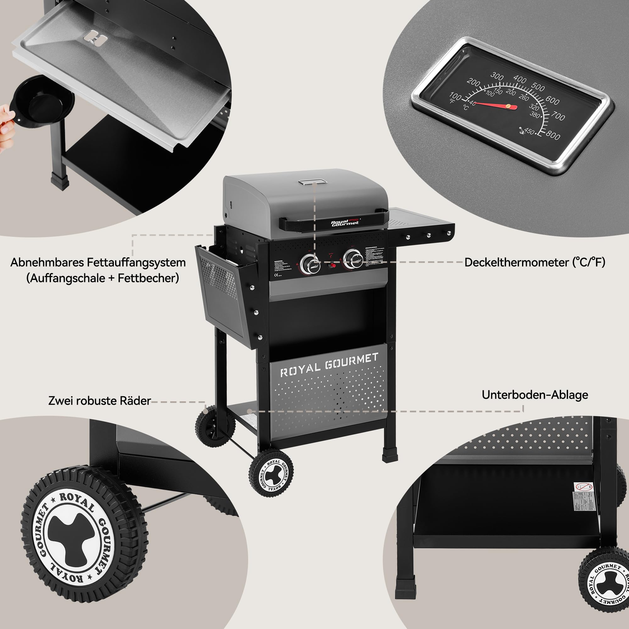 Royal Gourmet Gasgrills Grillwagen 2-Brenner 5 kW Grau