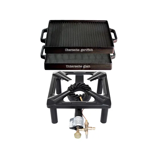 AllGrill Hockerkocher Set klein Grillplatte Gusseisen 32x32 Zündsicherung
