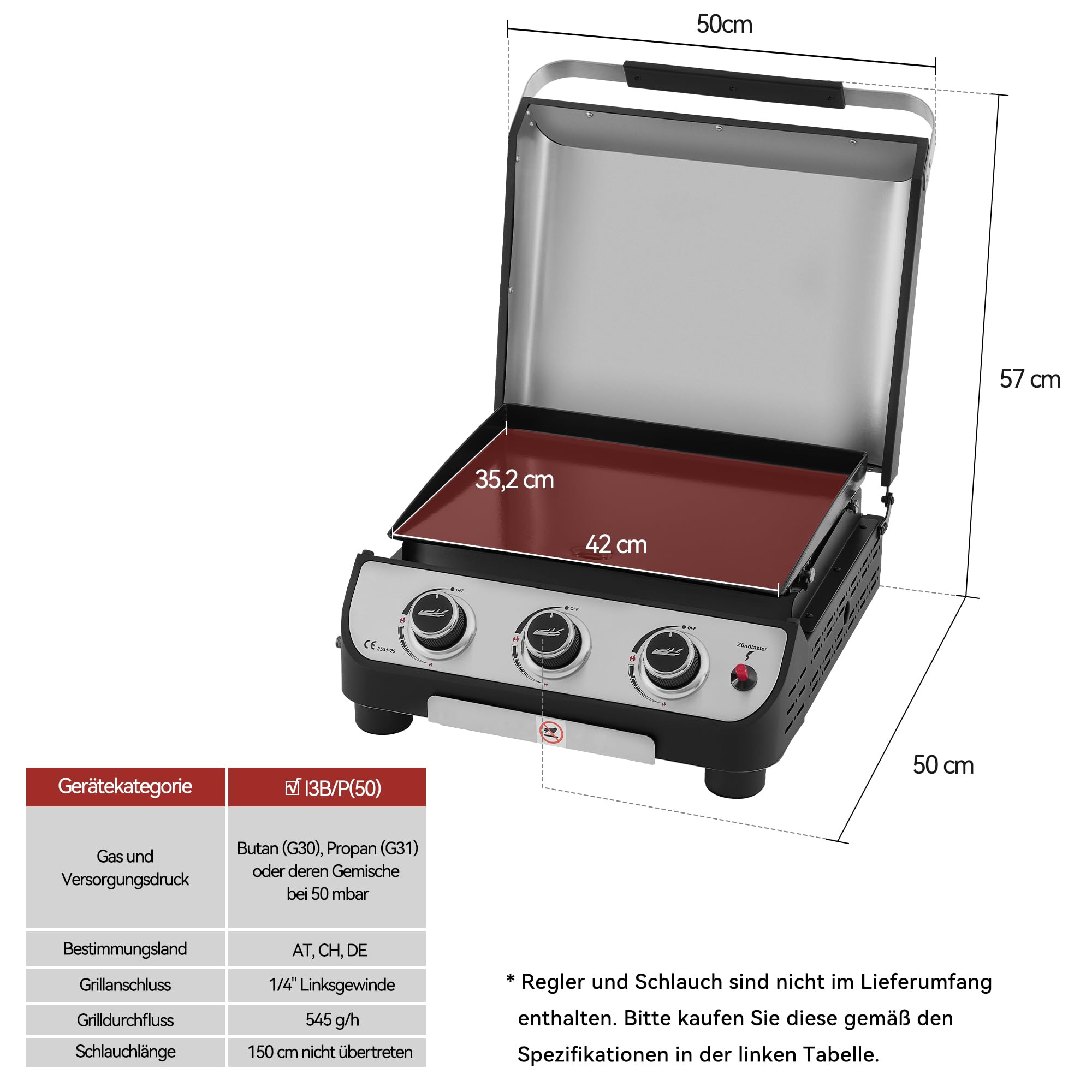 Royal Gourmet Gasgrills Plancha Tischgrill 3 Brenner Edelstahl