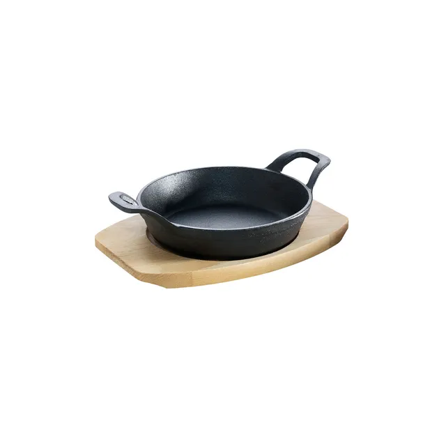 AllGrill Gusseisen Pfännchen 12cm 2 Griffe Holzuntersetzer