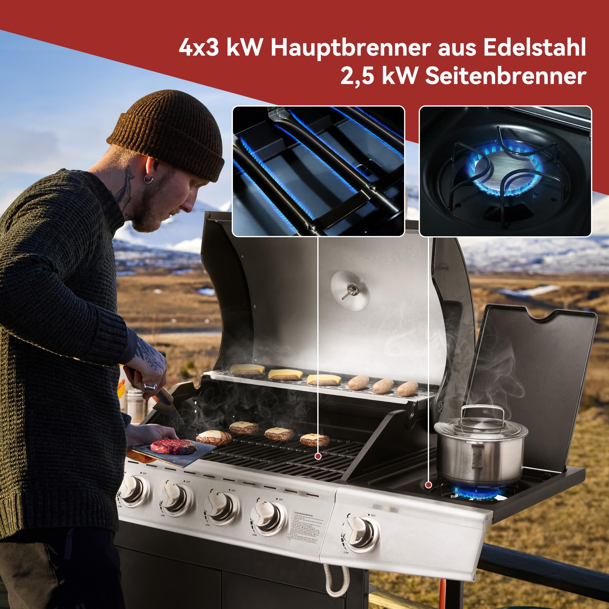 Royal Gourmet 4+1 Brenner Gasgrill Schwarz 14,5 kW mit Seitenkocher
