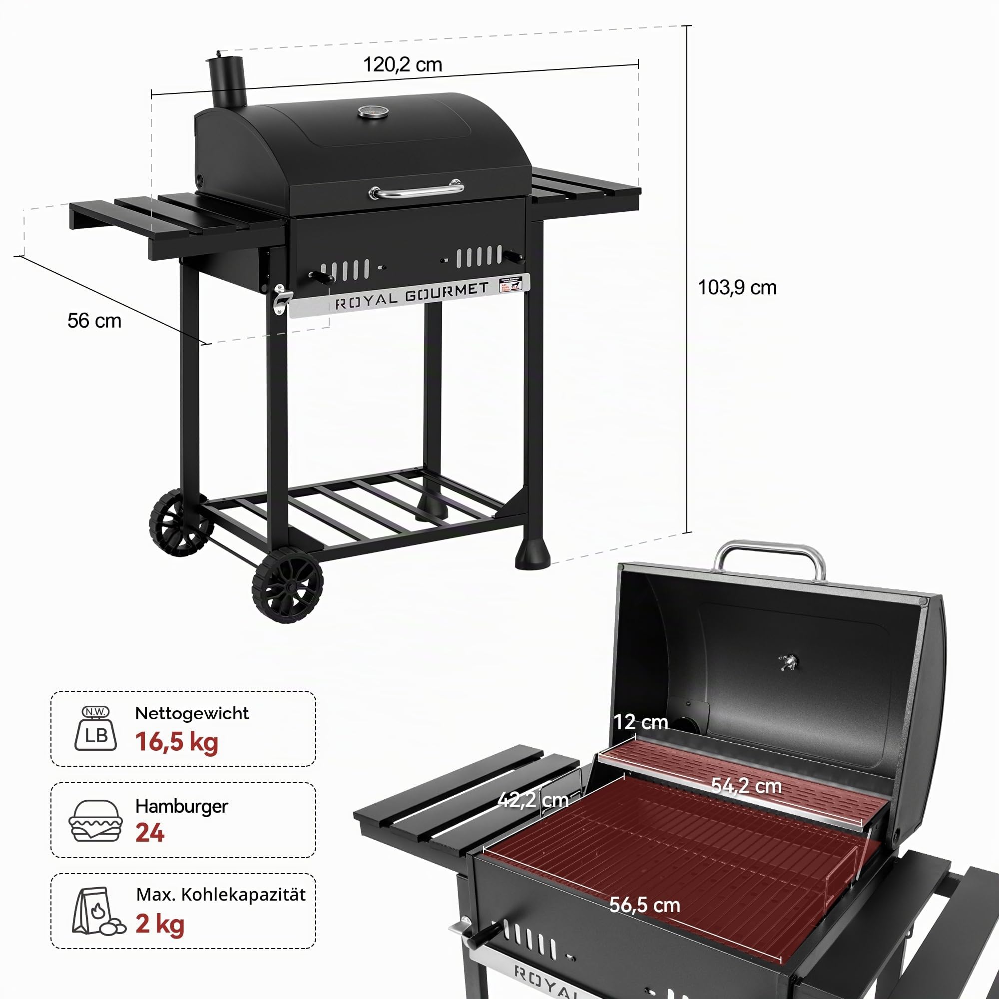 Royal Gourmet Holzkohlegrill Smoker 2 Ablagen schwarz
