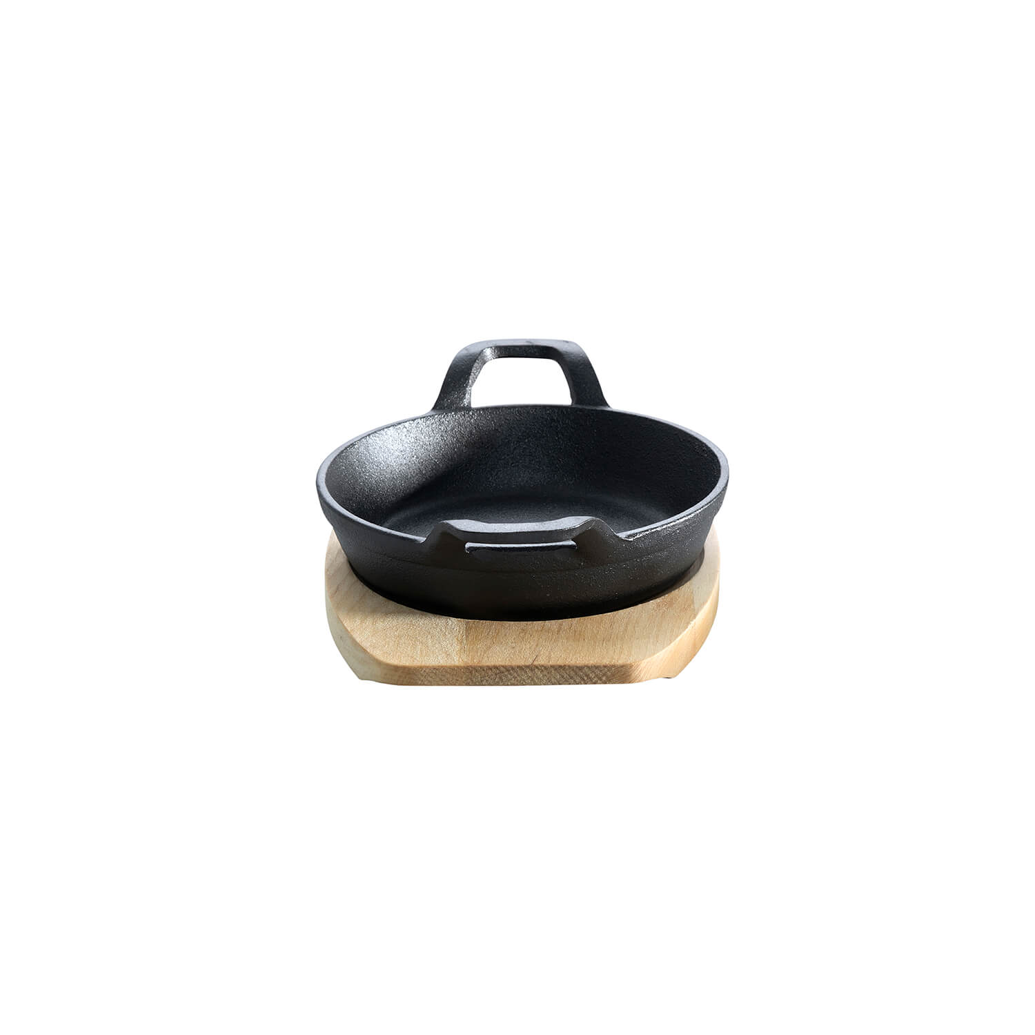 AllGrill Gusseisen Pfännchen 12cm 2 Griffe Holzuntersetzer