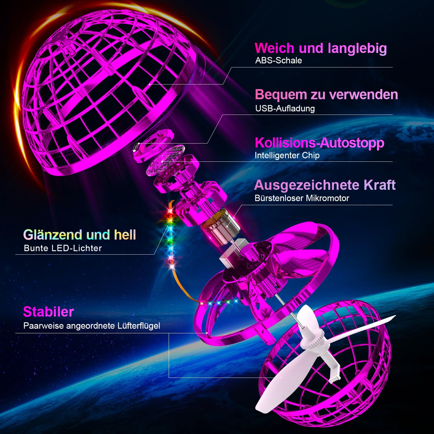 Ivtivfu Flying Orb Ball Fliegender Ball Rosa mit LED