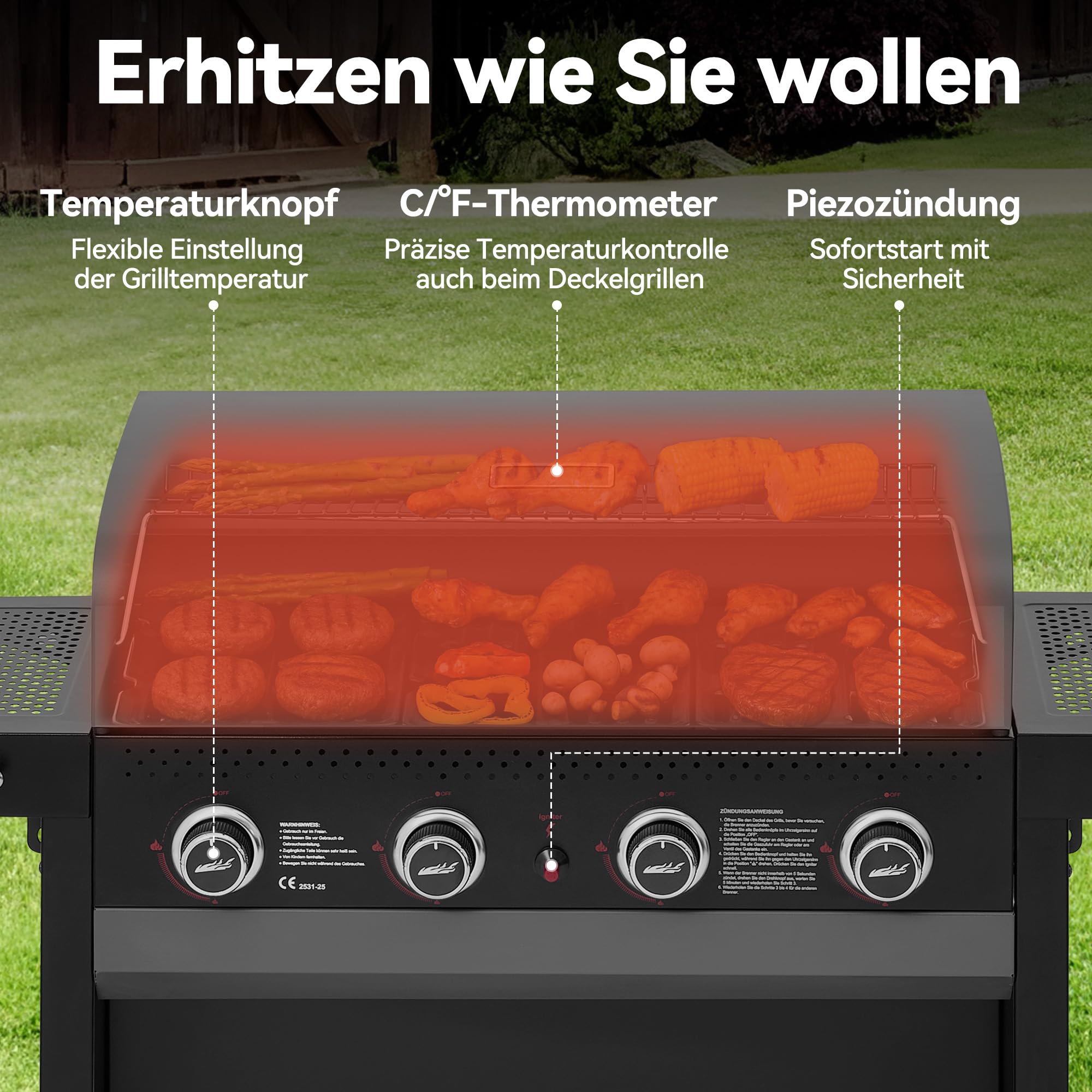 Royal Gourmet Gasgrills Grillwagen 4-Brenner 10 kW klappbar