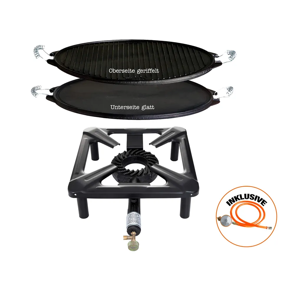 AllGrill Hockerkocher-Set klein Grillplatte Guss 38 cm Regler