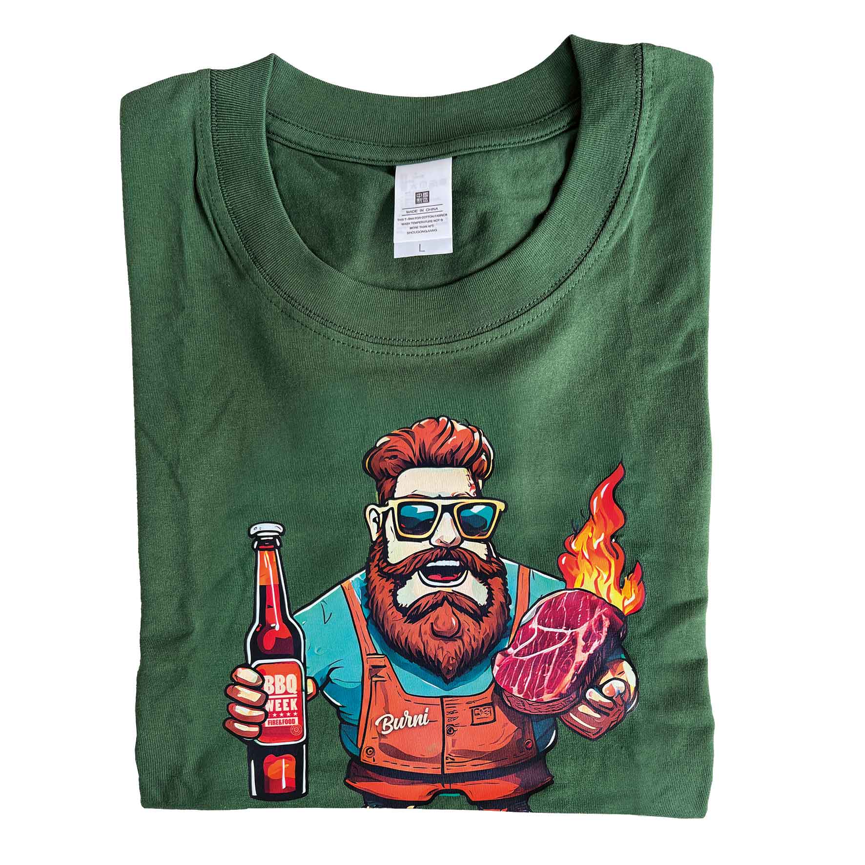 FIRE&FOOD Burni T-Shirt BBQ WEEK dunkelgrün Baumwolle