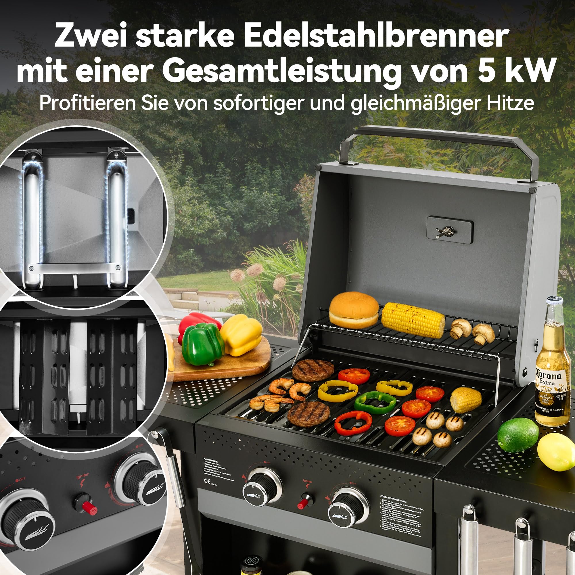 Royal Gourmet Gasgrills Grillwagen 2-Brenner 5 kW Grau