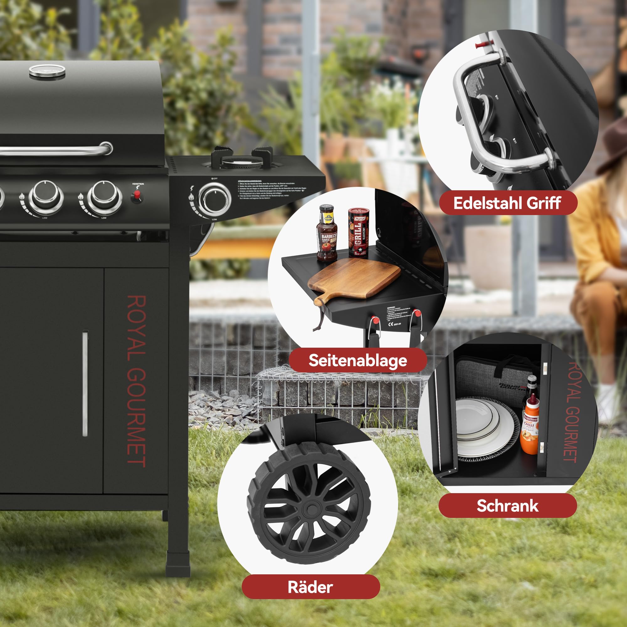 Royal Gourmet Gasgrill 3+1 Brenner 11,5kW schwarz