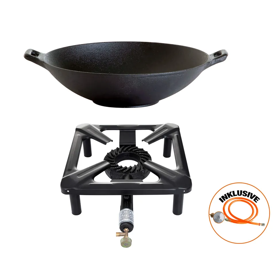 AllGrill Hockerkocher Set groß Gaskocher mit Gusseisen-Wok 37 cm