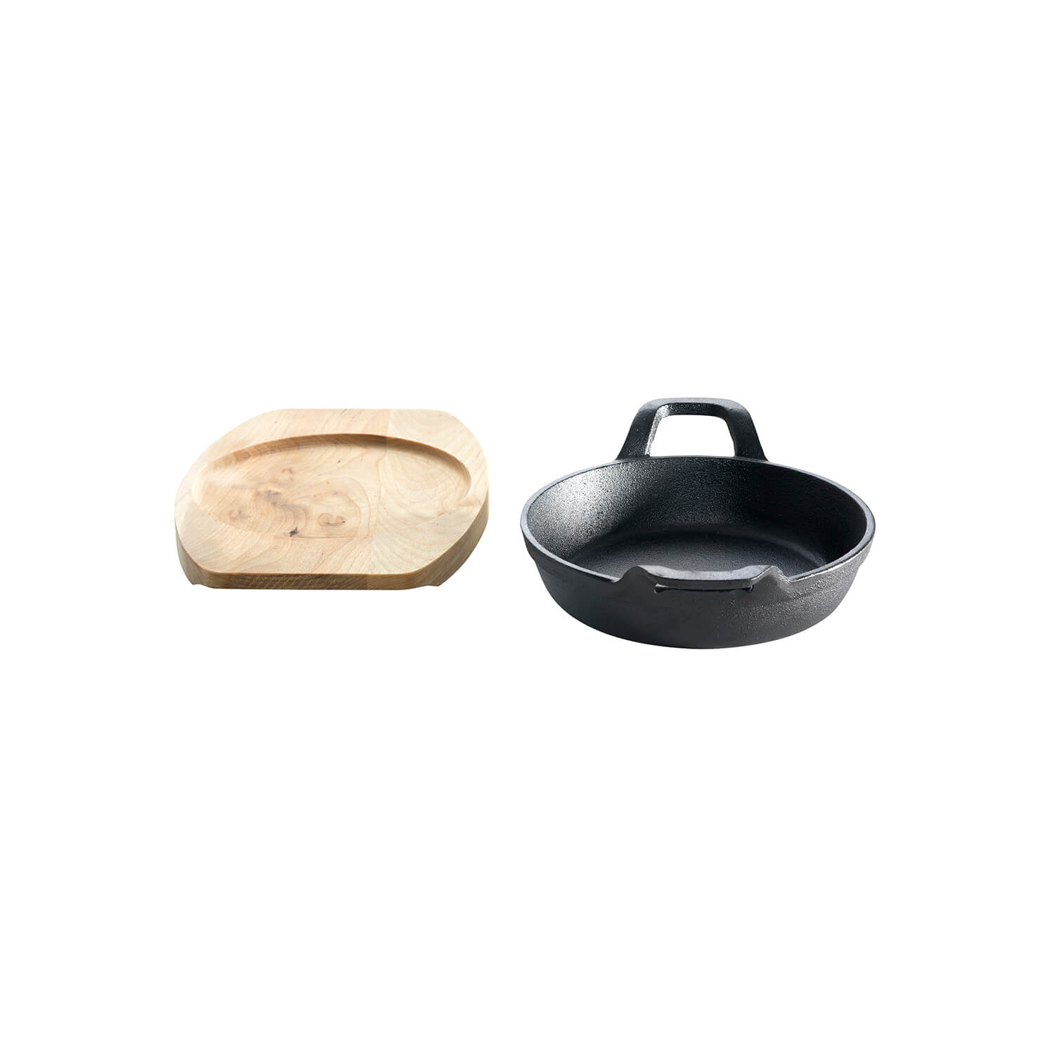 AllGrill Gusseisen Pfännchen 12cm 2 Griffe Holzuntersetzer