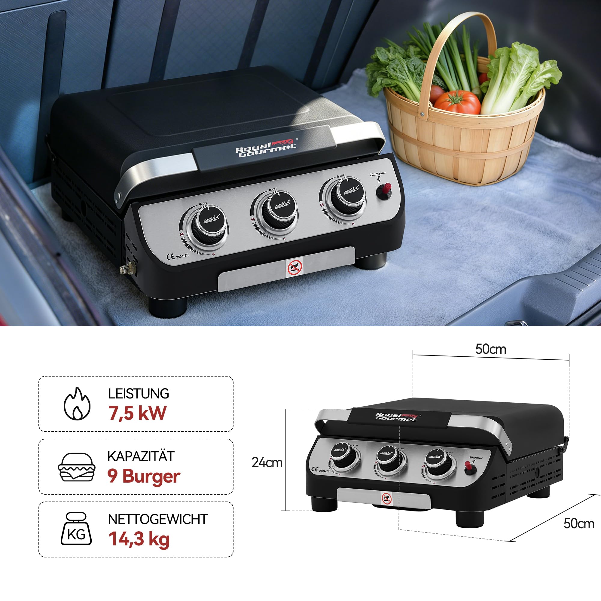 Royal Gourmet Gasgrills Plancha Tischgrill 3 Brenner Edelstahl