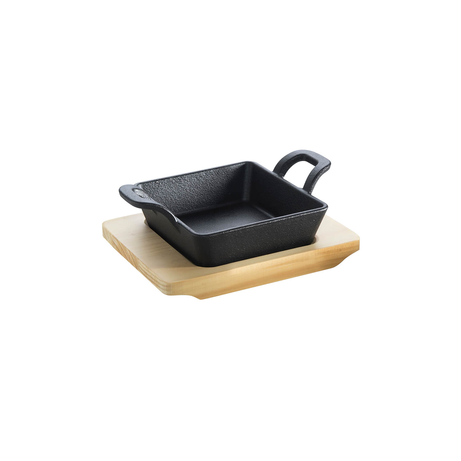 AllGrill Gusseisen Pfännchen quadratisch 14x14 cm mit Holzuntersetzer