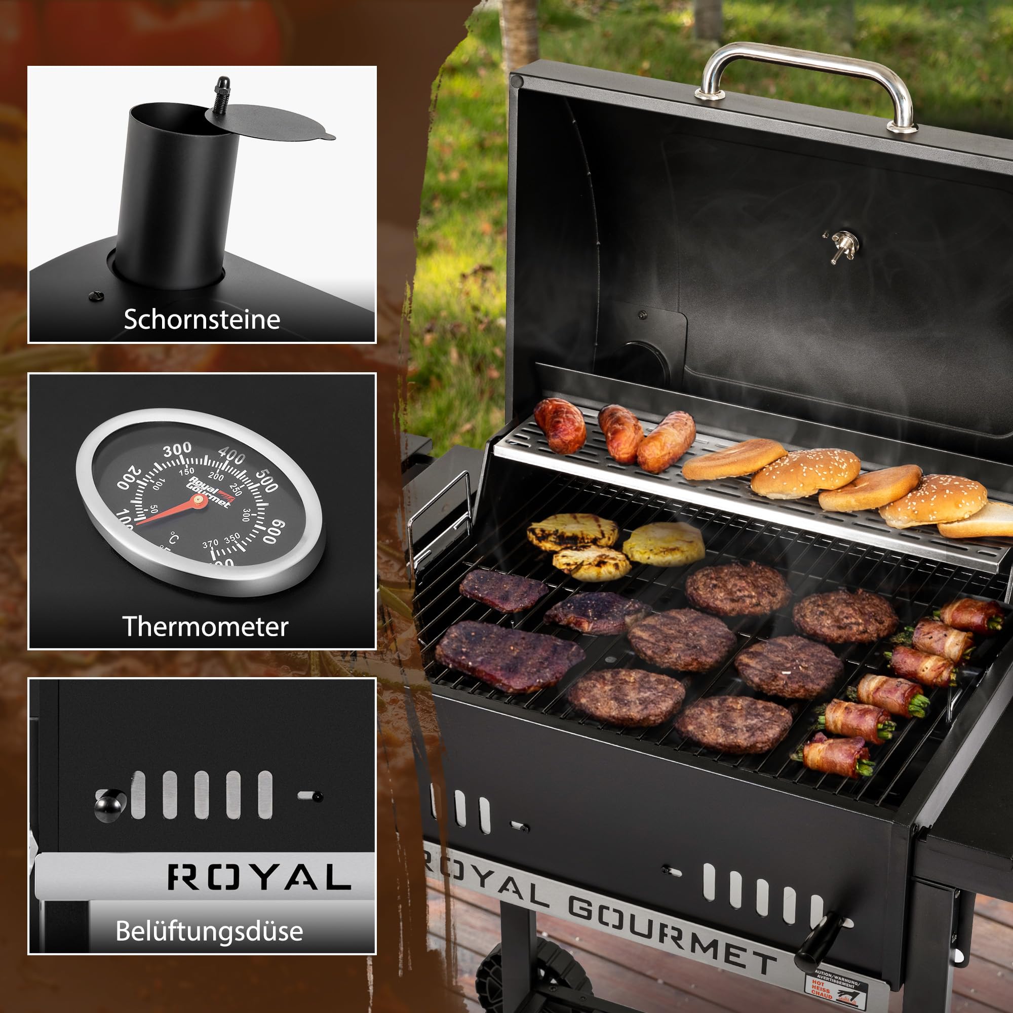 Royal Gourmet Holzkohlegrill Smoker 2 Ablagen schwarz