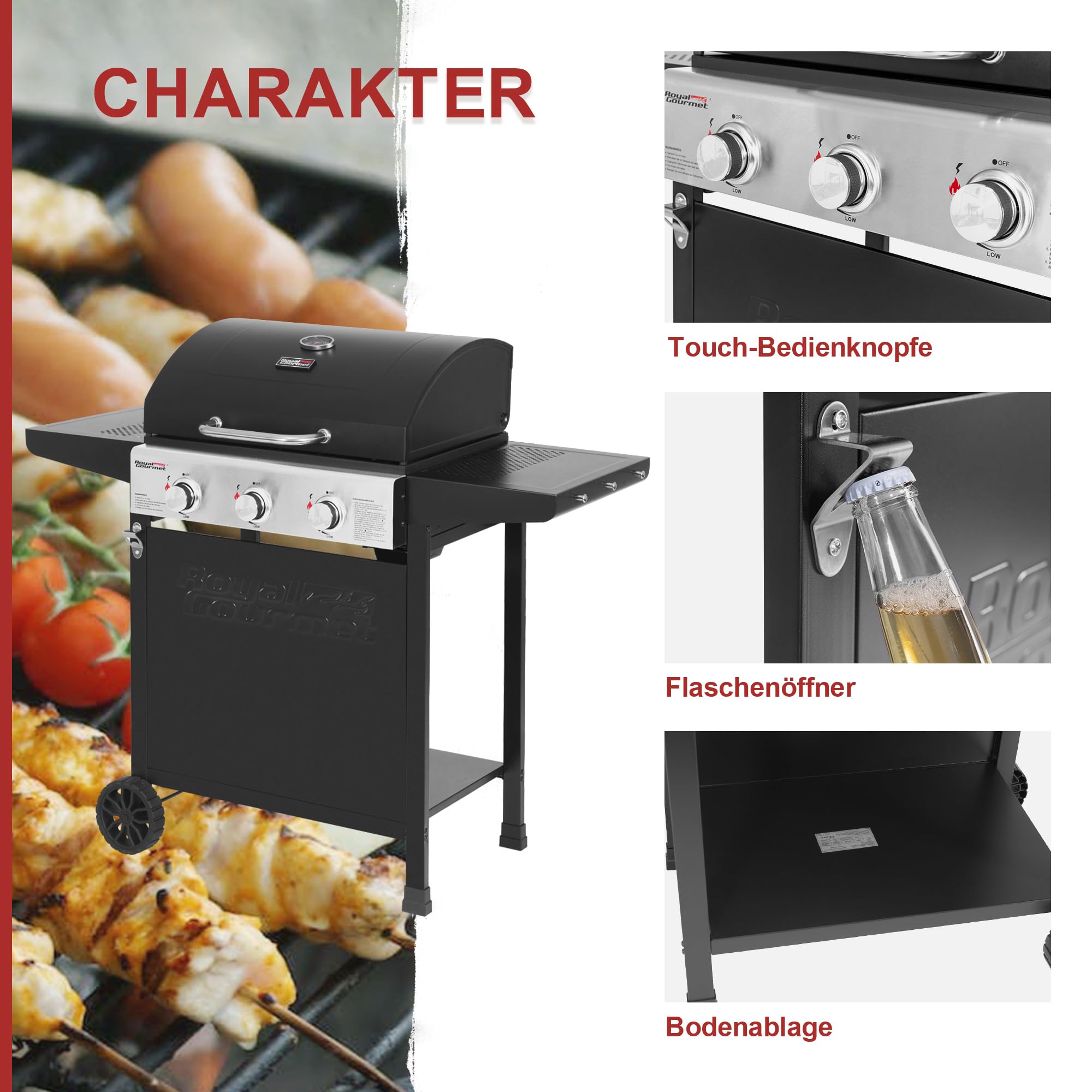 Royal Gourmet Gasgrills Grillwagen 3 Brenner 9 kW Schwarz