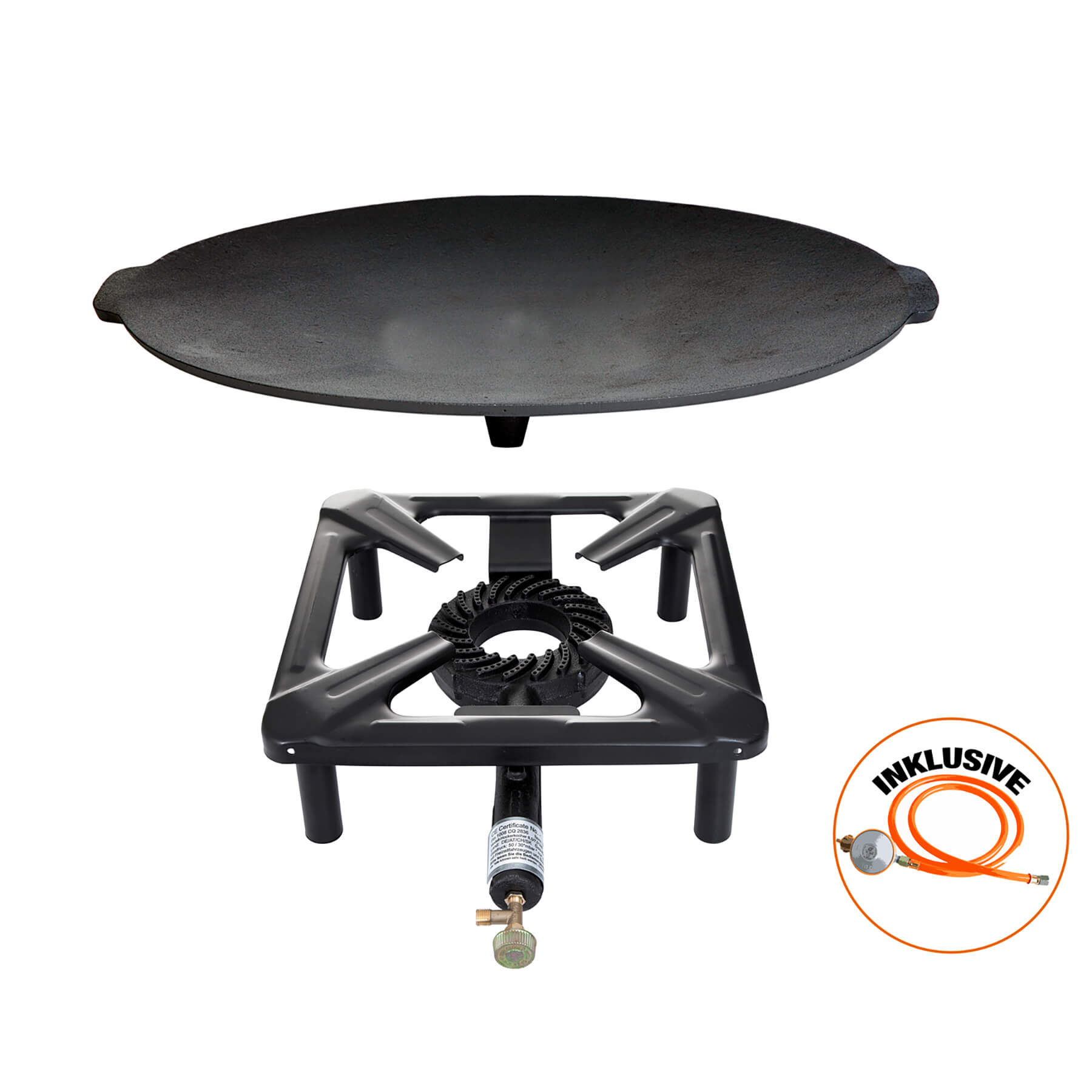 AllGrill Hockerkocher Set klein Gusseisenschale 45 cm Schlauch Regler