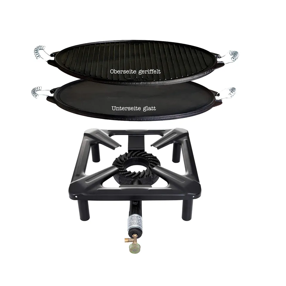 AllGrill Hockerkocher Hockerkocher-Set groß Gusseisenplatte 42cm