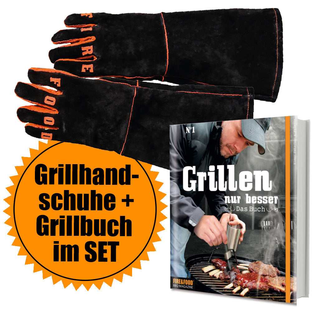 FIRE&FOOD Zubehör Set Grillhandschuhe Leder + Grillbuch