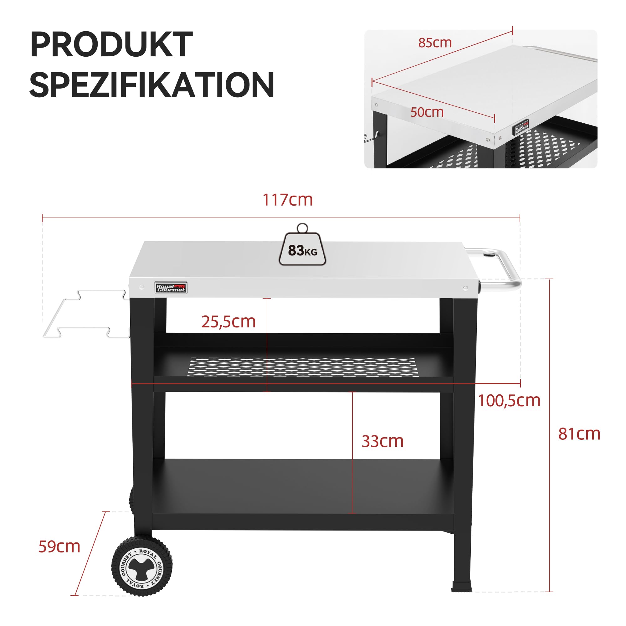 Royal Gourmet Grillzubehör Servierwagen Edelstahl 85x50