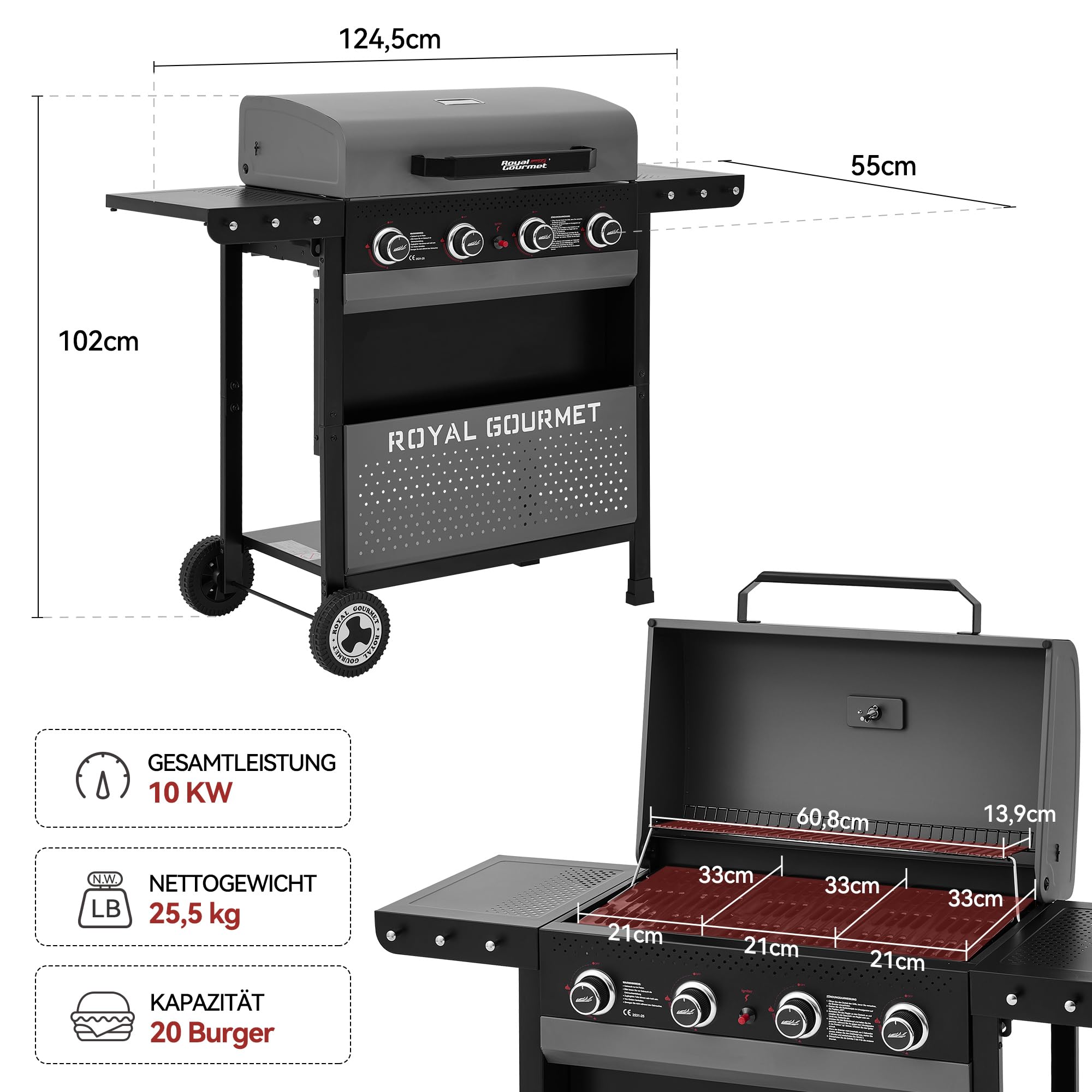 Royal Gourmet Gasgrills Grillwagen 4-Brenner 10 kW klappbar