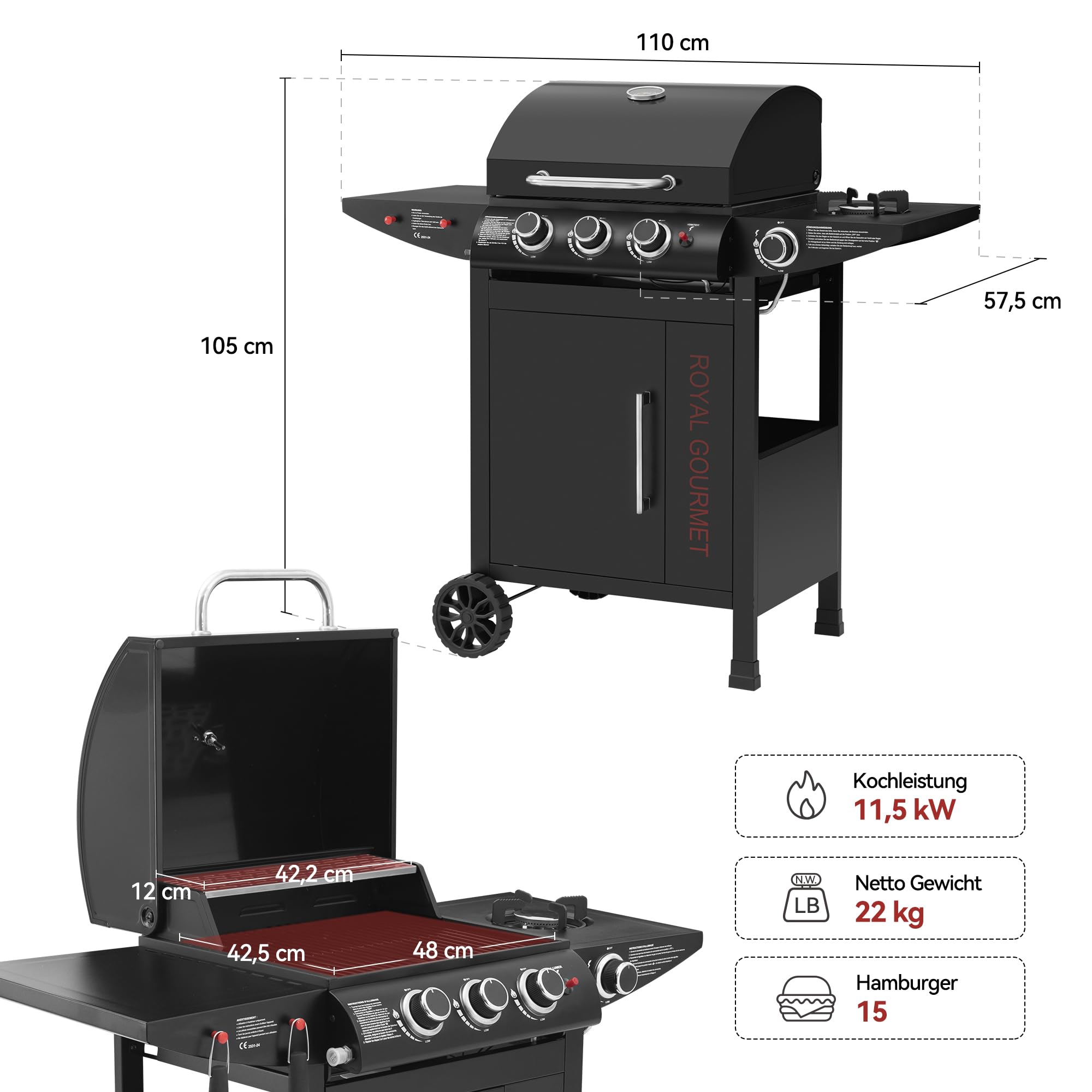 Royal Gourmet Gasgrill 3+1 Brenner 11,5kW schwarz