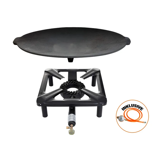 AllGrill Hockerkocher Set klein Gusseisenschale 45 cm Schlauch Regler