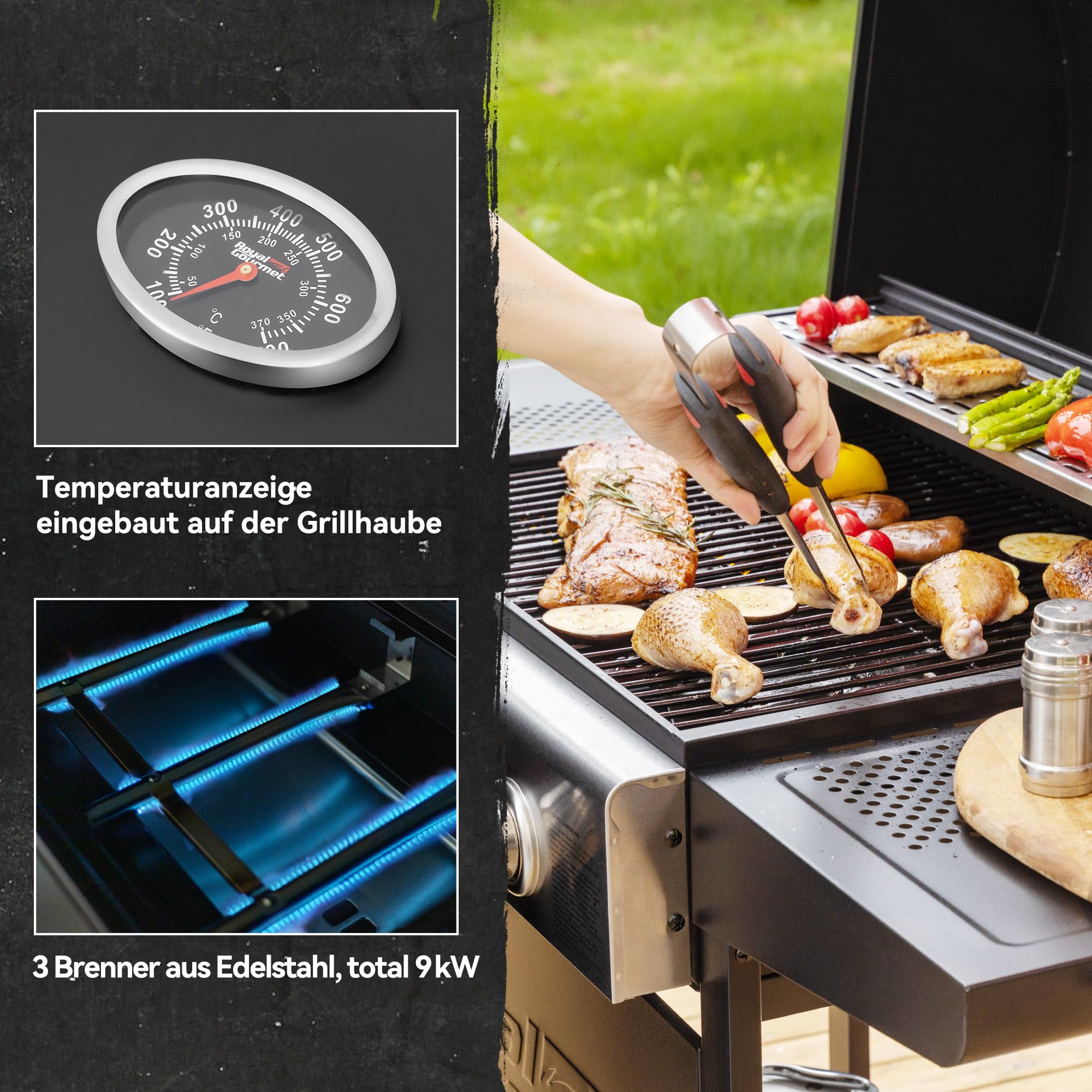 Royal Gourmet Gasgrills Grillwagen 3 Brenner 9 kW Schwarz