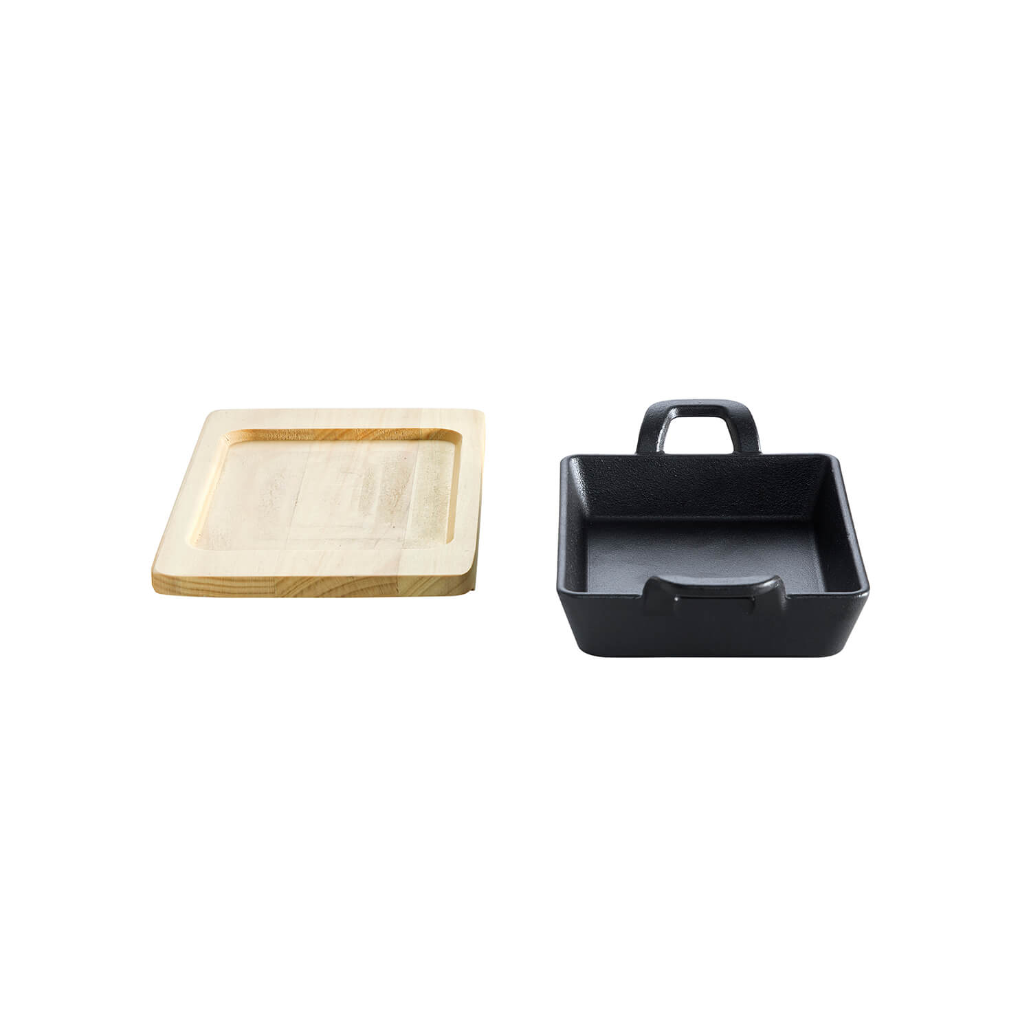 AllGrill Gusseisen Pfännchen quadratisch 14x14 cm mit Holzuntersetzer